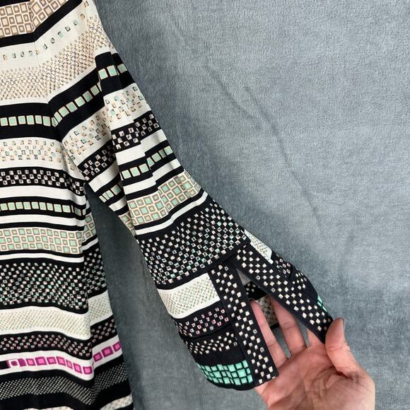 Diane Von Furstenberg Dress Womens 10 Black Striped 100% Silk Aztec Quiet Luxury - Picture 4 of 14